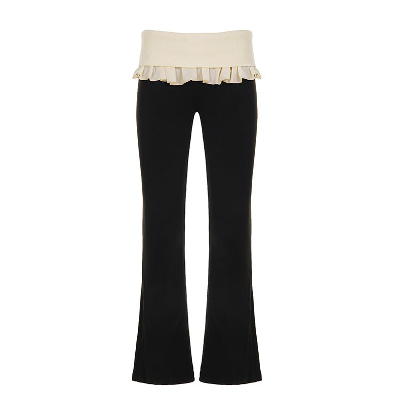 Casual Color-Block Flared Pants With Ruffled Hem And Patchwork Design