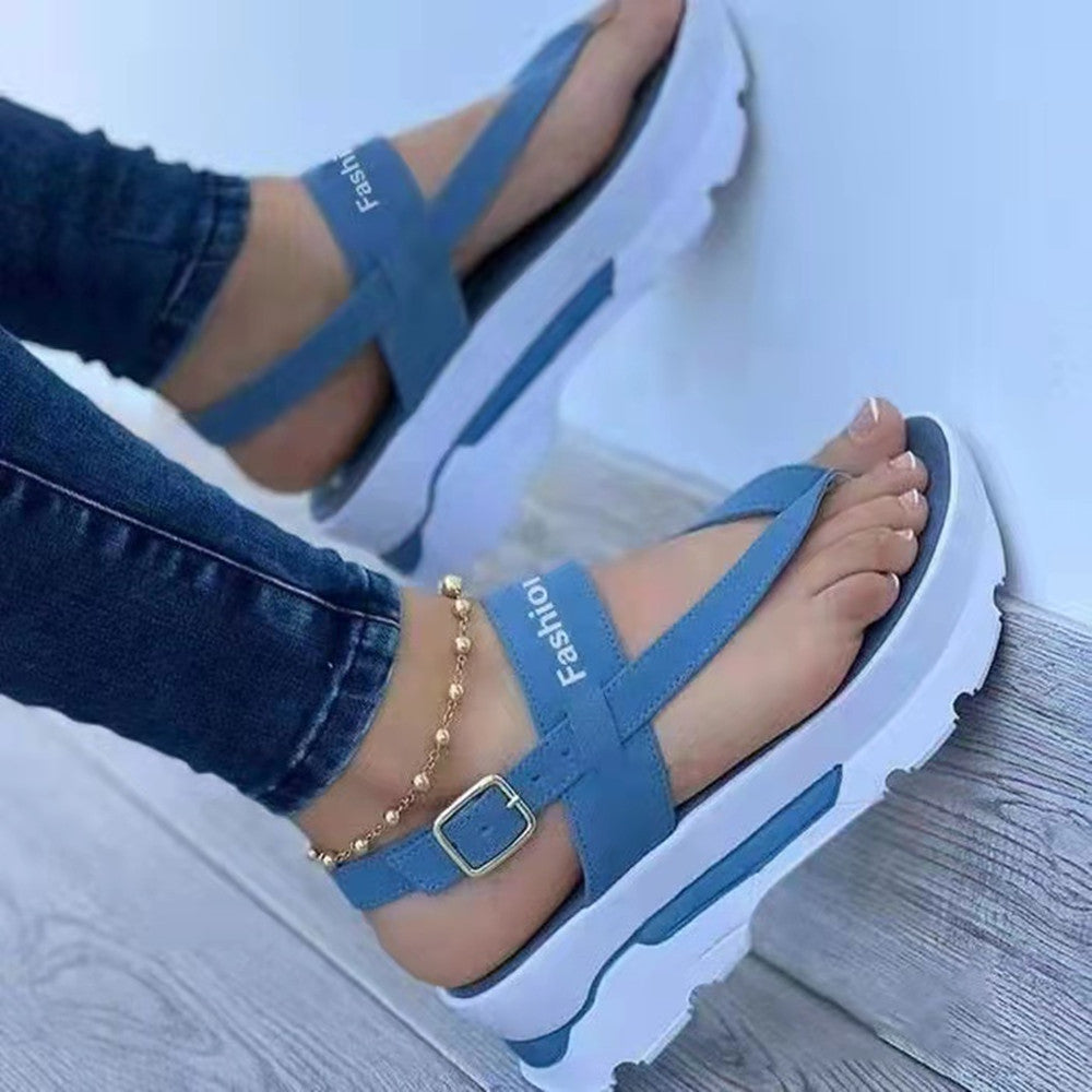 Ladies Thong Platform Heightened Solid Color Buckle Velcro Sandals