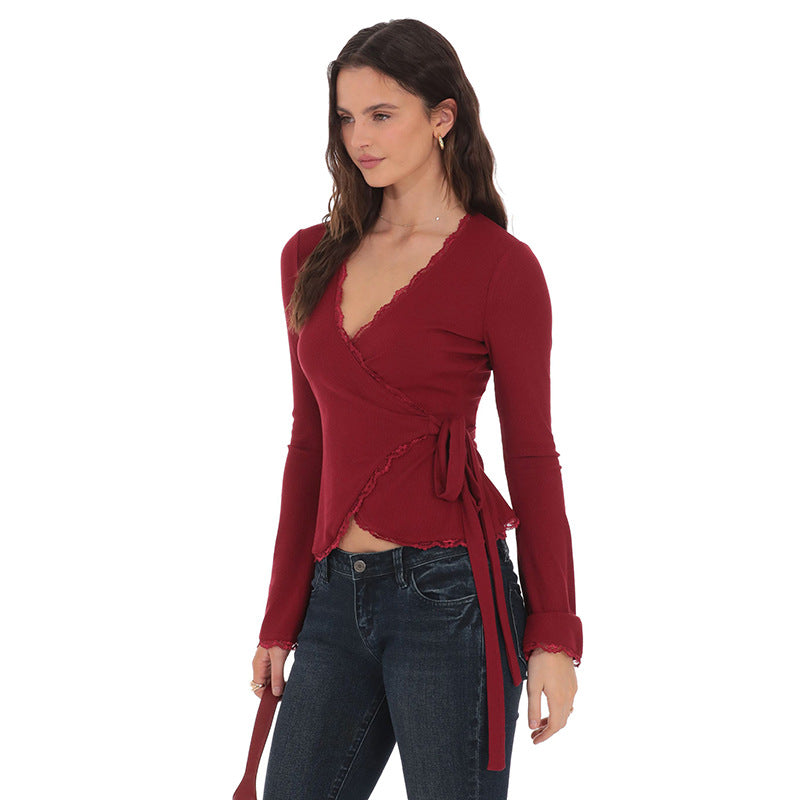 New Deep V-neck Cross-front Tie Lace Trim Top
