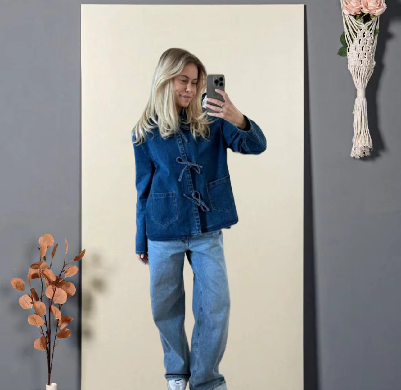Denim Long Pocket Stand Collar Top