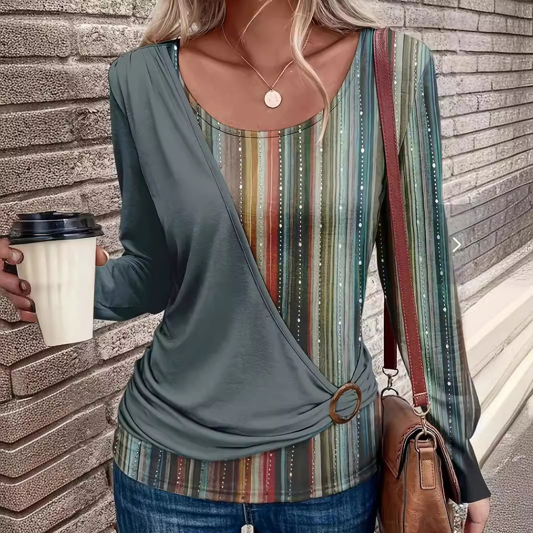 New Round Neck Stitching Printing Casual Long Sleeve Loose T-shirt