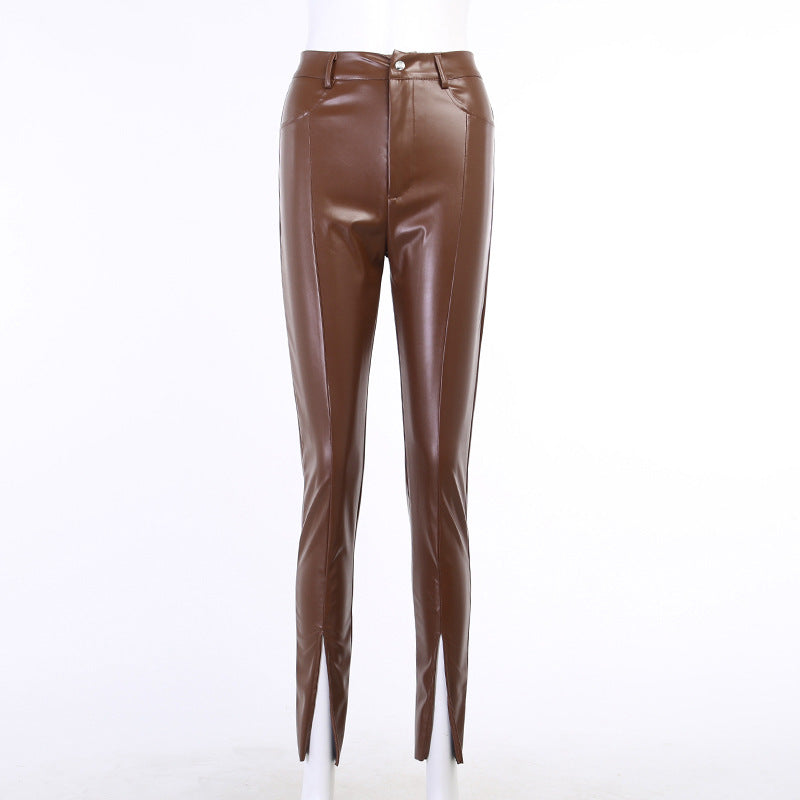 Women's Tight-Fitting Casual Mid-Waist Leather Trousers