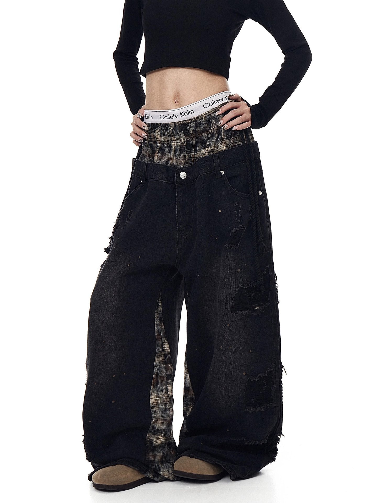 Womens Retro Ripped Wide-Leg Denim Jeans