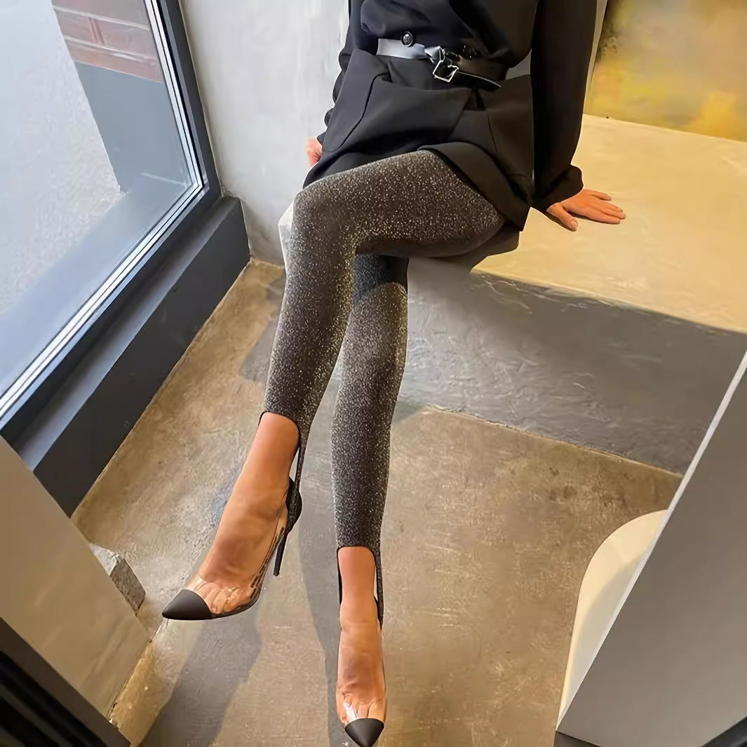 Strikkede Yoga Leggings med Høj Elasticitet og Indvævet Skinnende Tråd