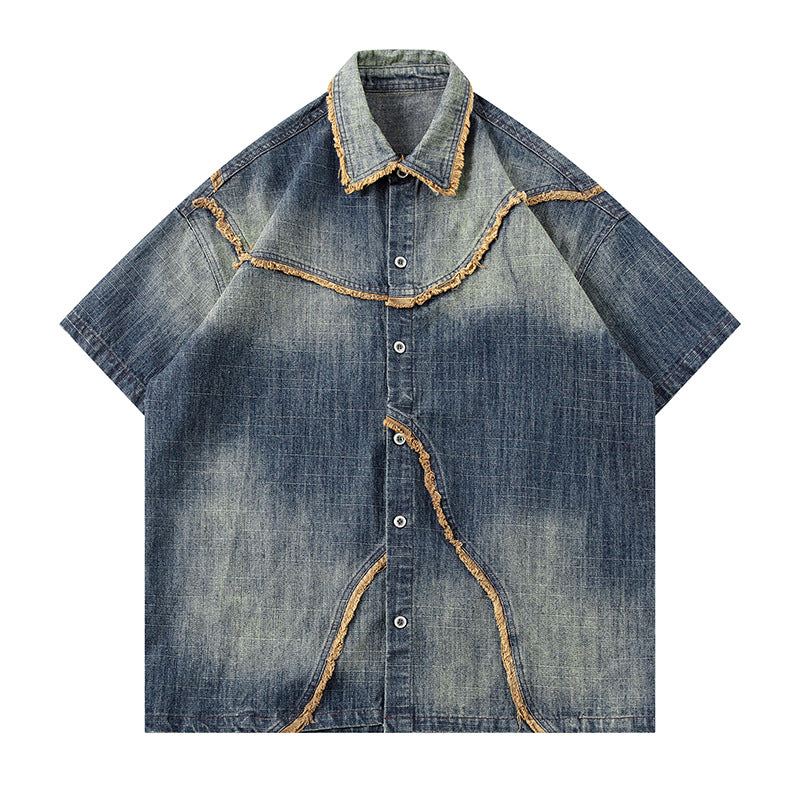 Worn Looking Washed-out Gradient Design Sense Denim Short Sleeve Shirt Men