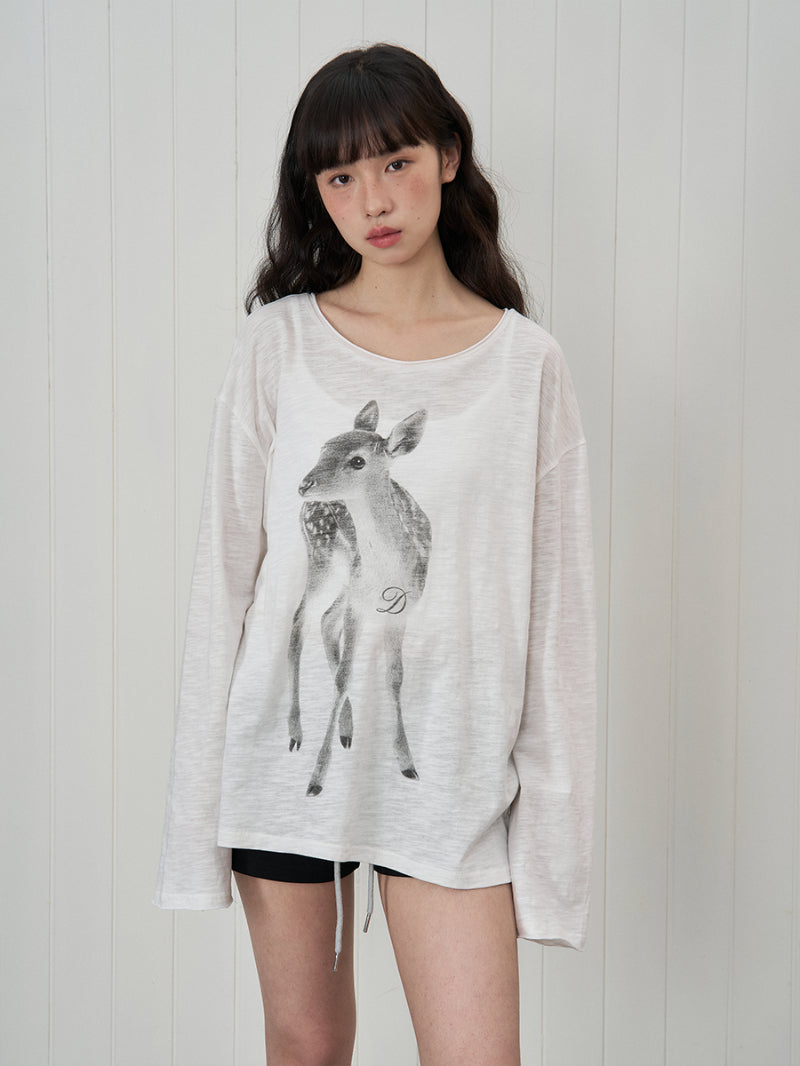 Off-the-shoulder Tunic With A Sika Deer Print Slightly Sheer Loose-fitting And Relaxed-style Long-sleeve T-shirt