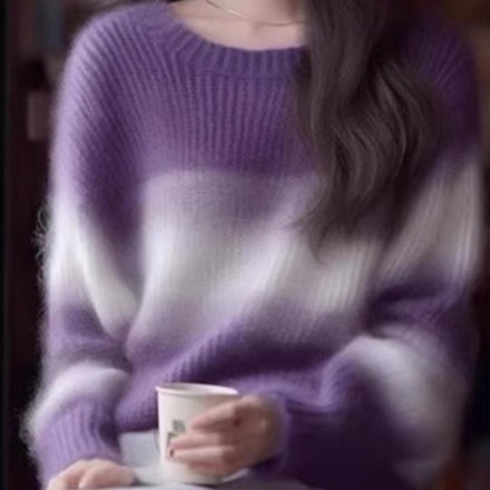 Purple Striped Knitted Soft Glutinous Wool Sweater
