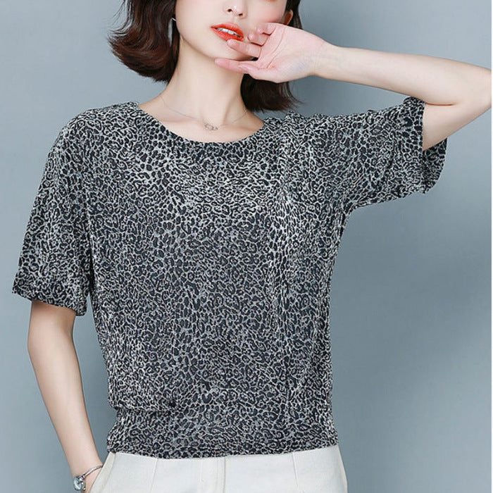 Plus Size Loose-fitting Belly-covering Bright Silk Bottoming Leopard Print Shirt