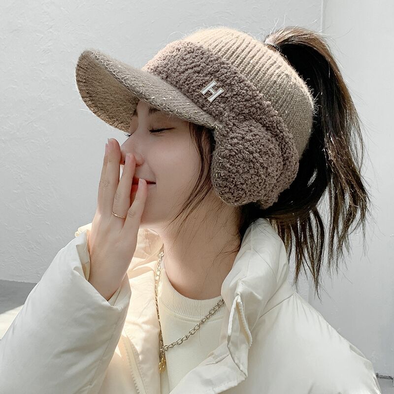 Knitted Ear Protection Duck Tongue Plus Velvet Empty Top Earmuffs Wool Hat Lady