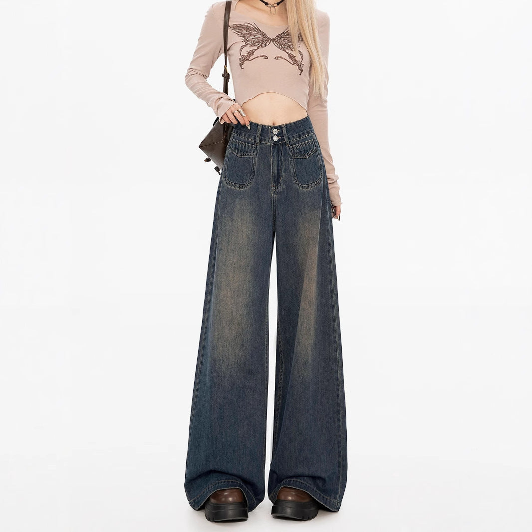 Loose And Lazy Style Women's High-waisted Straight Wide-leg Fleece-lined Jeans