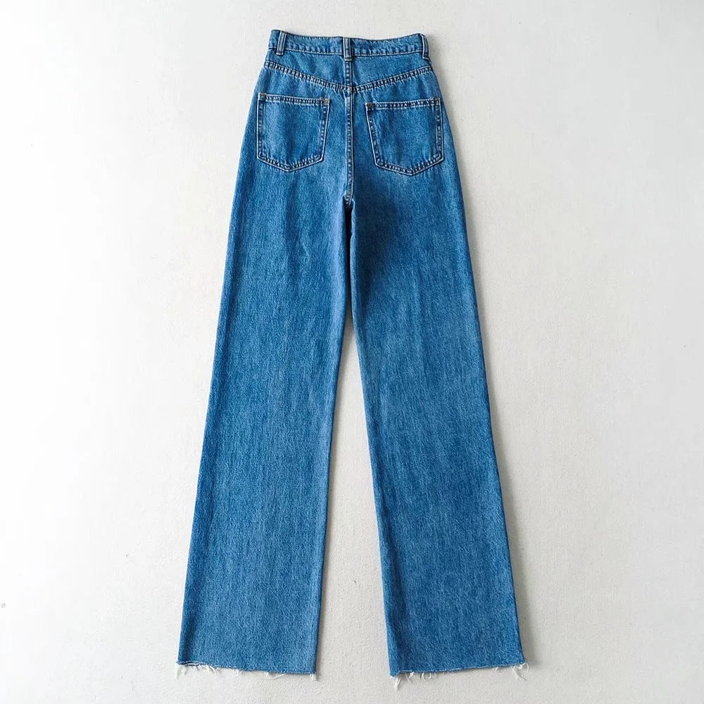 Mopping And Frayed Denim Trousers New High-waisted Loose-fitting Thin Straight And Wide-legged
