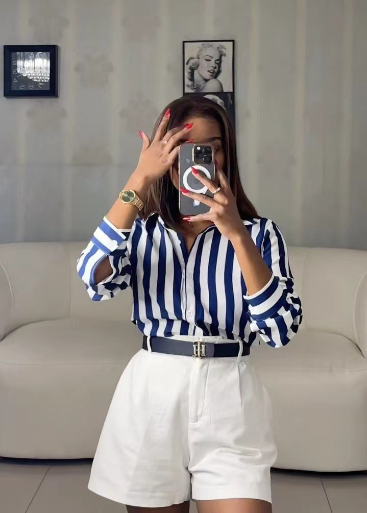 Fashionable And Versatile Blue Striped Shirt