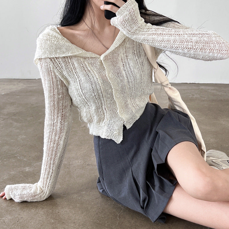 Retro V-hals Enkeltradet Langærmet Kort Strikket Cardigan Top
