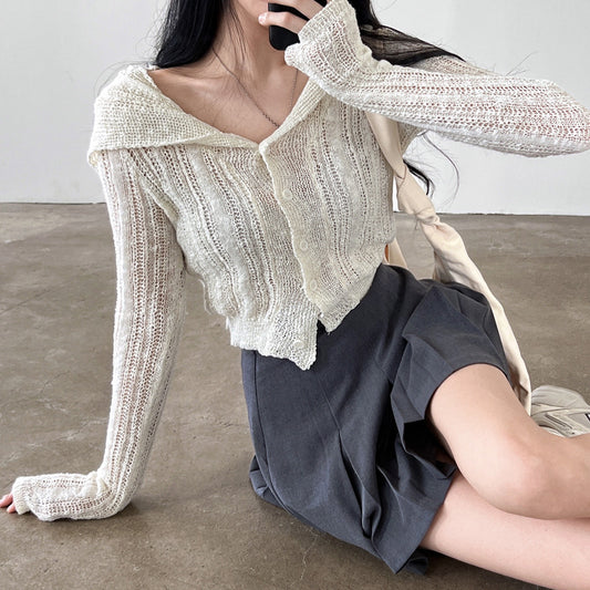 Retro V-neck Single-breasted Long Sleeve Short Knitted Cardigan Top