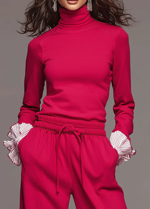 Fashionable Sporty Striped Ruffled Red Turtleneck Top And Wideleg Pants Set