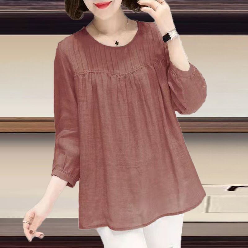 Cotton Round Collar Nine Quarter Sleeve Cotton Linen Shirt Women