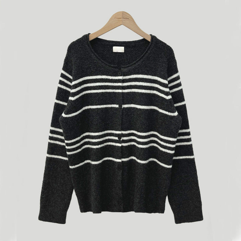 Retro Contrast Color Striped Sweater Coat Knitted Cardigan