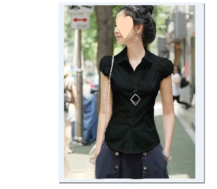 Women's Puff Sleeve Short Sleeve White Professional Slim Fit Shirt