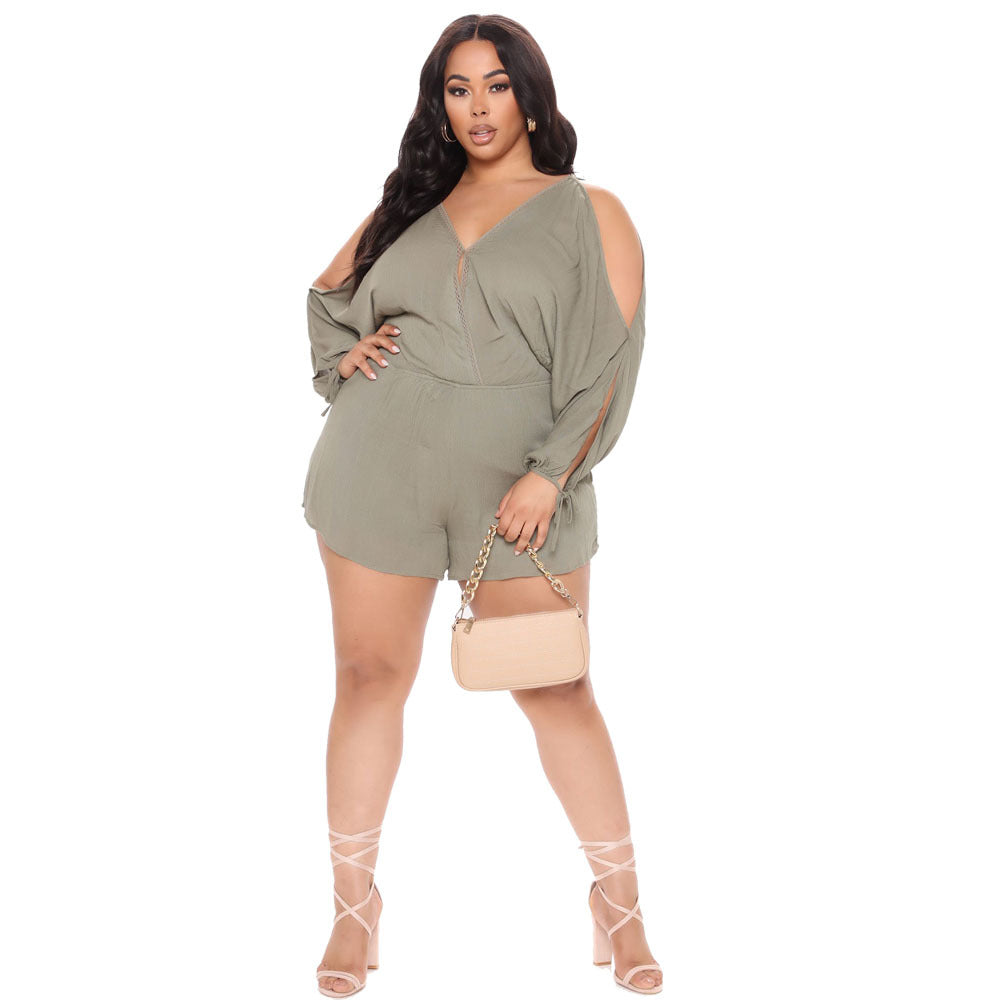 Women's Fashion Casual Solid Color V-Neck Doll Sleeve Jumpsuit
