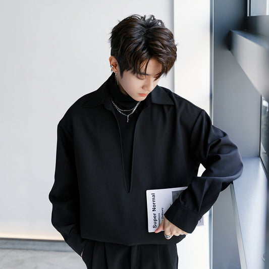 V-neck Long-sleeve Faux Two-piece Patchwork Contrast-color Pullover Shirt
