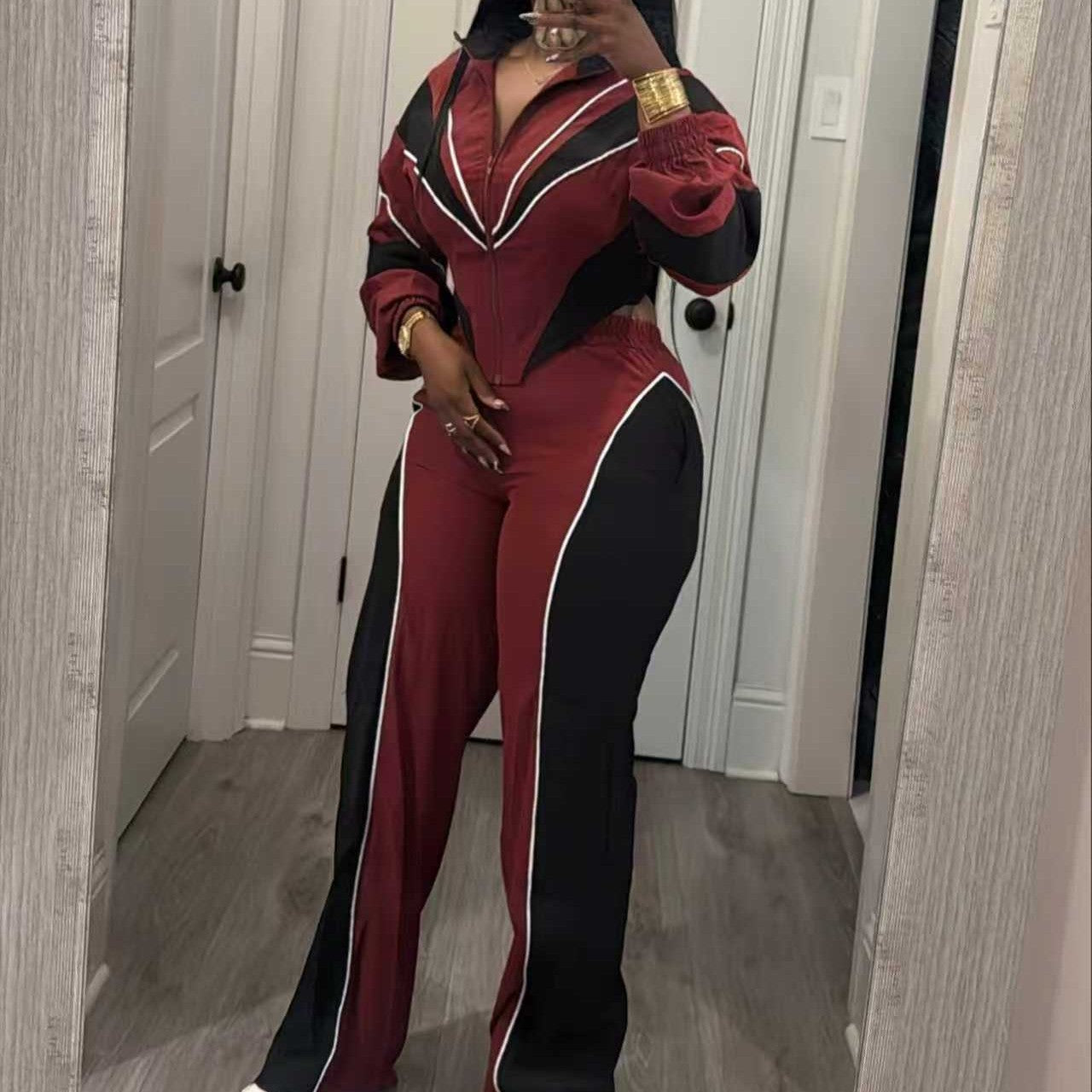 Stylish Multi-Color Patchwork Two-Piece Set With A Stand Collar