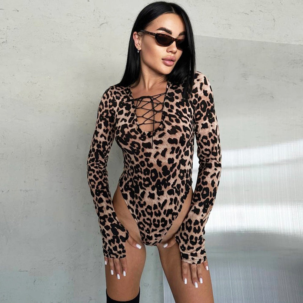 Fall Bestseller V-Neck Fashionable Leopard-Print Long-Sleeve Jumpsuit With Drawstring Ties