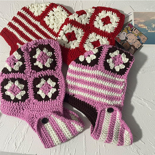 Ladies Fashion Floral Striped Knit Sweater Hat