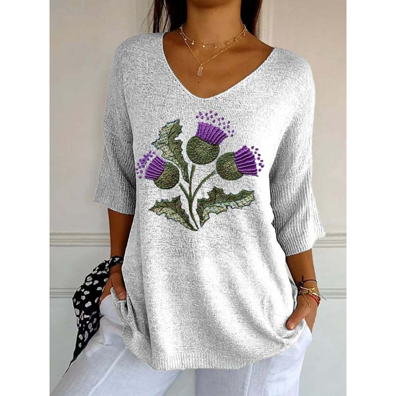 New 3D Printed Women's European And American Fashion Floral V-neck Shirt Top