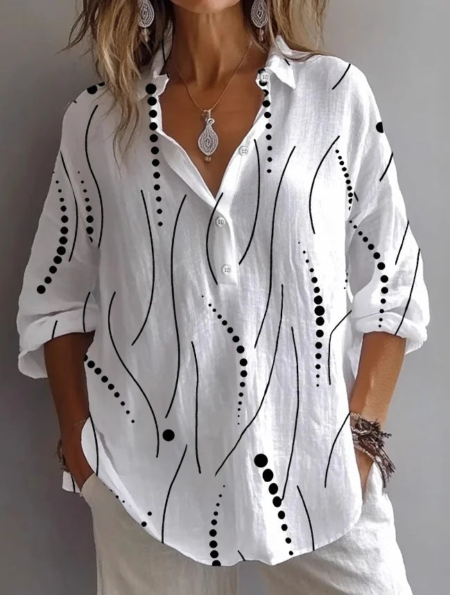 Fashion Printing Lapel Long Sleeve Shirt Top