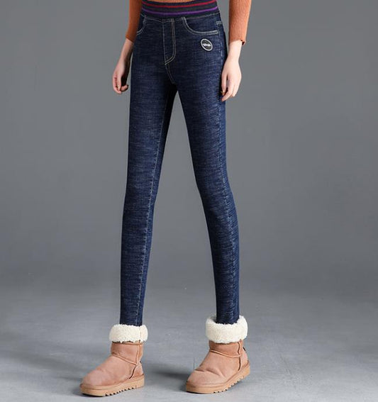 Outer wear warm stretch and fleece elastic waist jeans