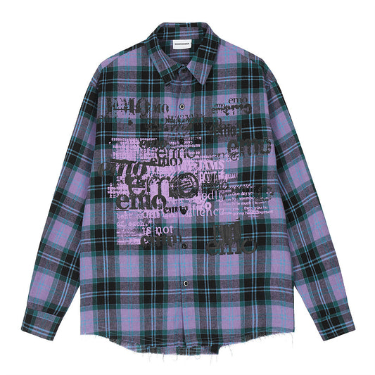 Plaid Long Sleeve Shirt Men's Letter Printed Cardigan