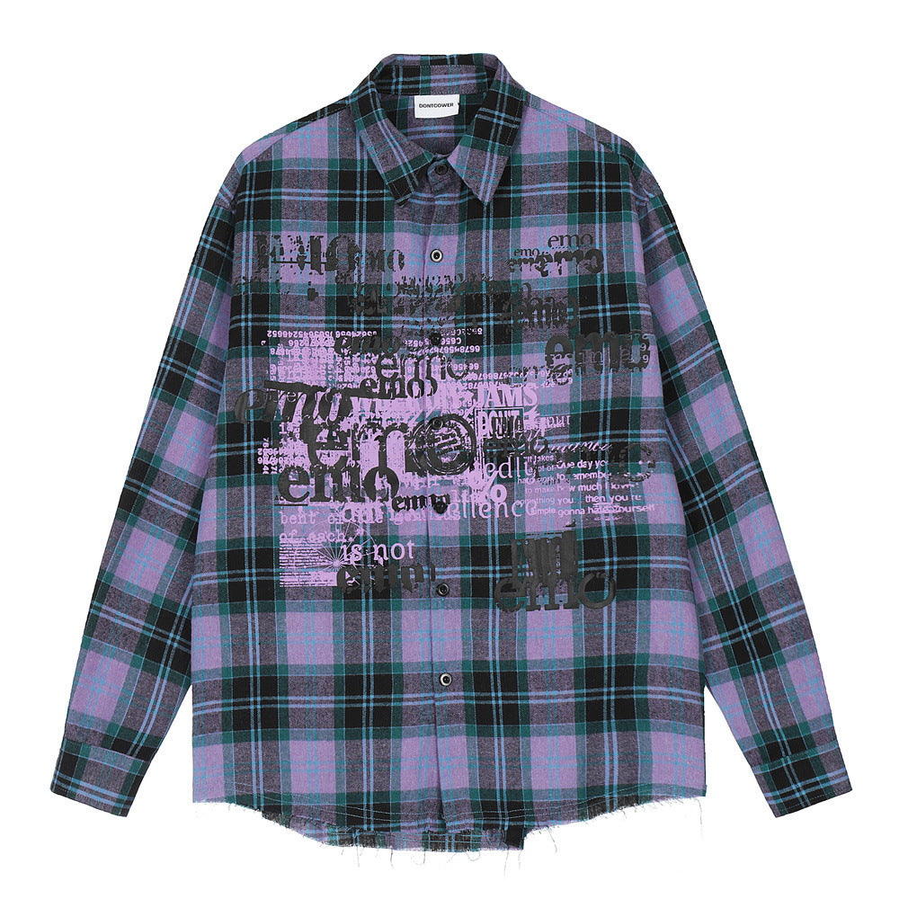 Plaid Long Sleeve Shirt Men's Letter Printed Cardigan