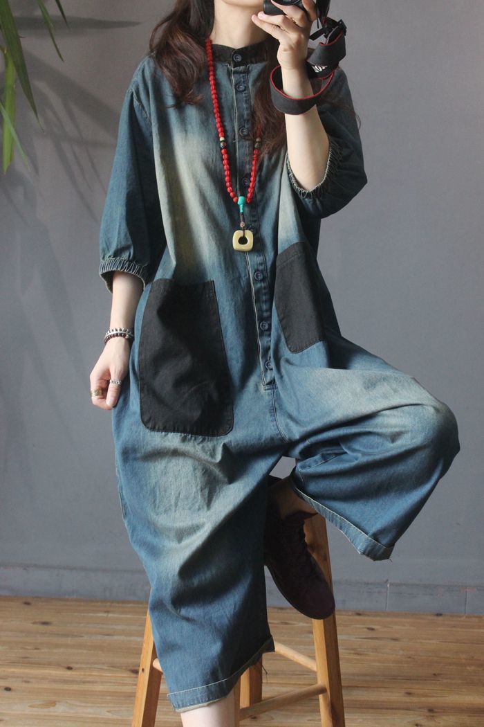 Retro Personality Plus Size Patch Large Pocket Jumpsuit