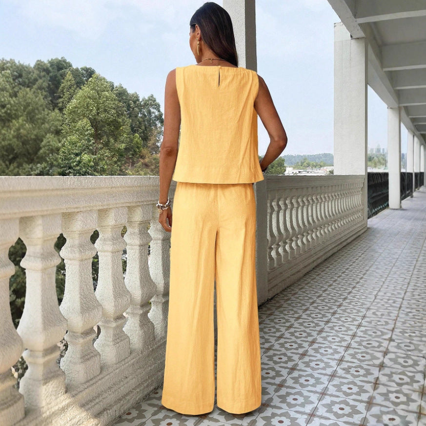 Cotton-Linen Loose Tank Top And High-Waisted Loose Straight-Leg Pants Casual Set