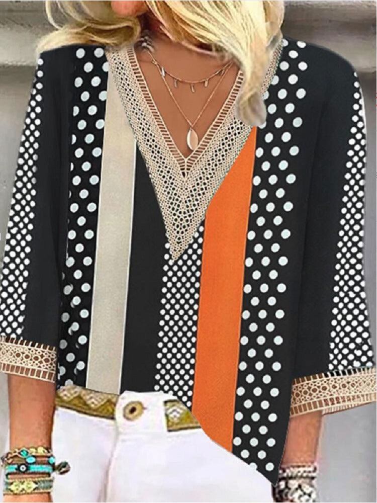Women's Loose New Multi-color Floral Print Stitching Lace Mid-sleeve V-neck T-shirt