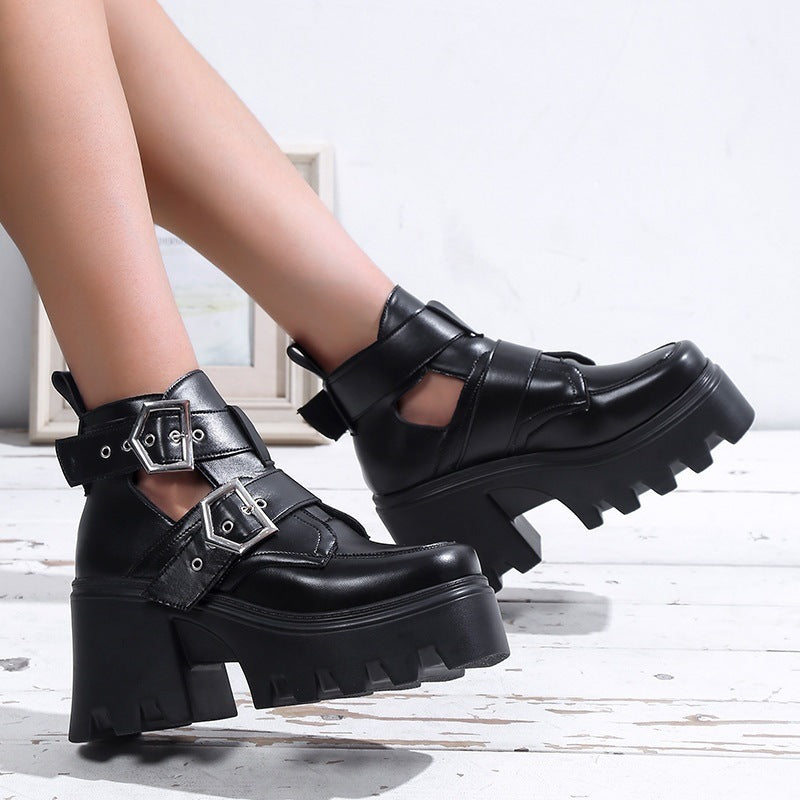 European And American Chunky Heel Platform Women's Belt Buckle Chain Fashion Boots