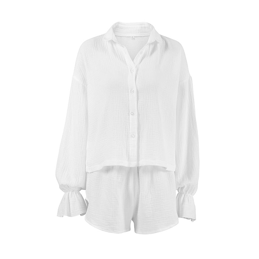 Loose Comfortable Soft Cotton White Long-sleeve Shorts Loungewear Set