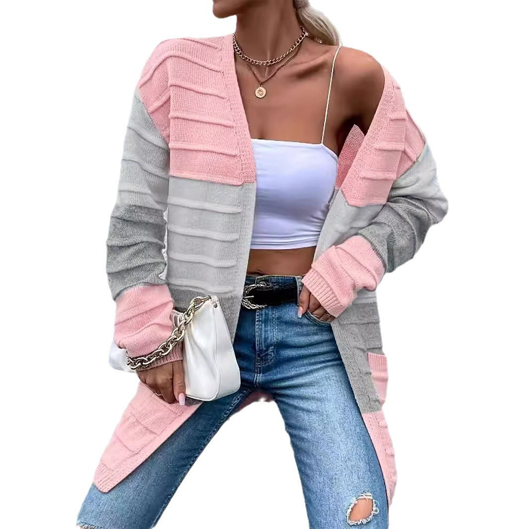 Amazon AliExpress Sweater Women's Fashion Jacket With Big Pockets Autumn And Winter Long Striped Color Matching Cardigan