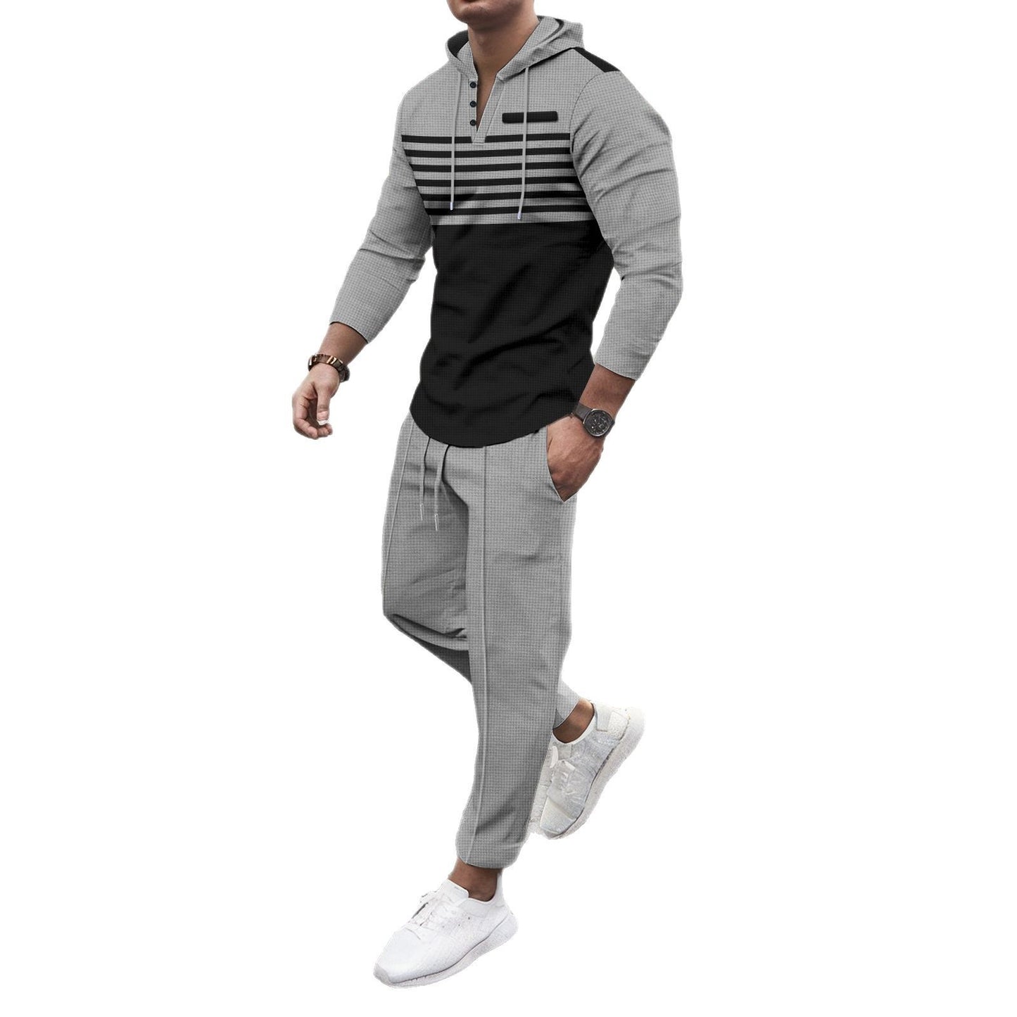 European And American Striped Long-sleeve Hoodie And Pants Set