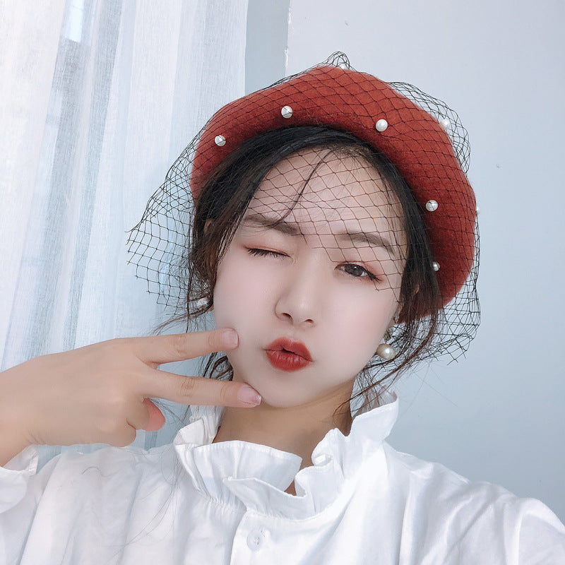 Woolen Pearl Mesh Beret Women's British Retro Hat