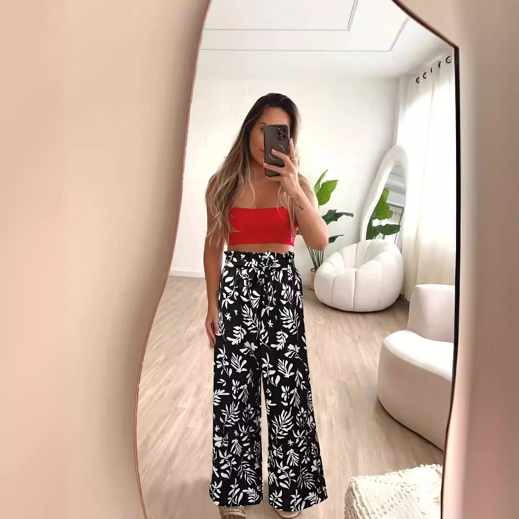 Printed Elastic Waist Loose Trousers