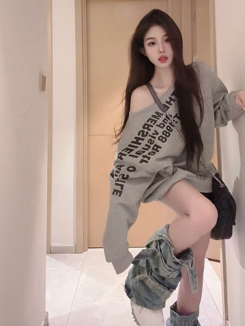 American Hot Girl Letter Printing Gray Sweater
