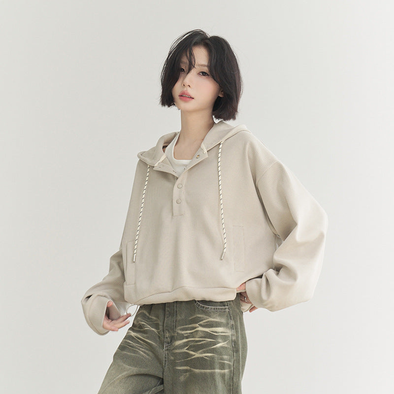 Drawstring At Hem Cropped Hoodie Women's Loose Top