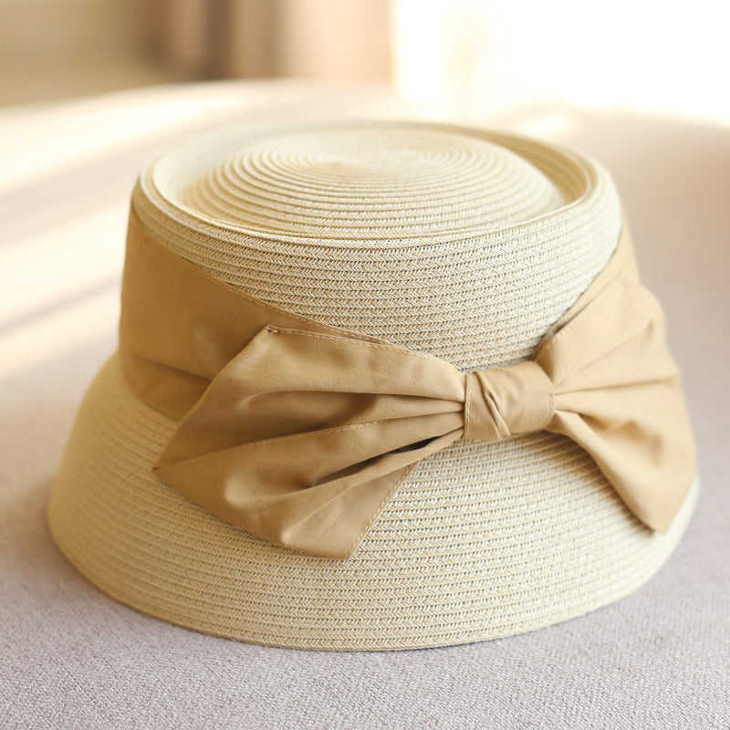 Concave Top Straw Woven Bucket Hat Cotton Bow