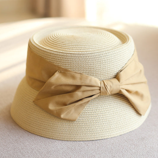 Concave Top Straw Woven Bucket Hat Cotton Bow