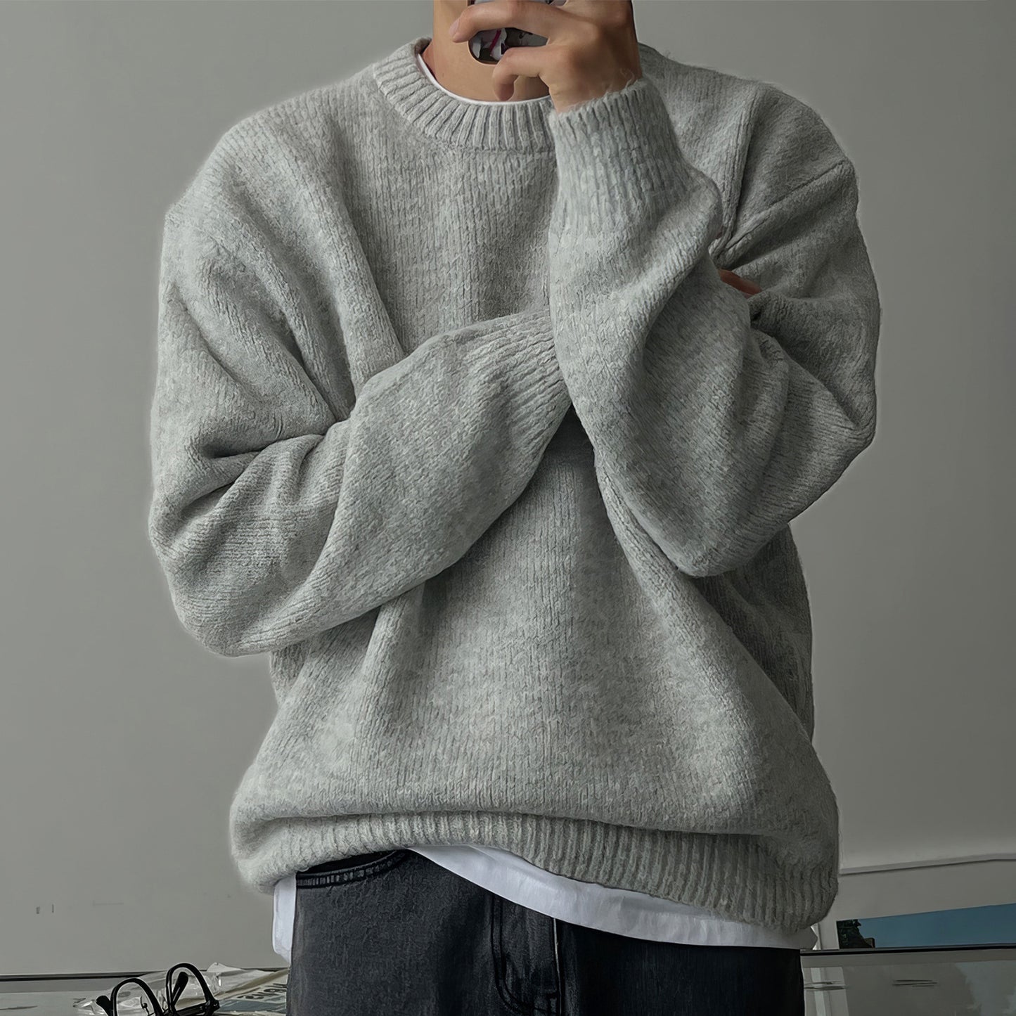 Solid Color Drop-shoulder Round Neck Sweater Men's Warm Thickened Sweater