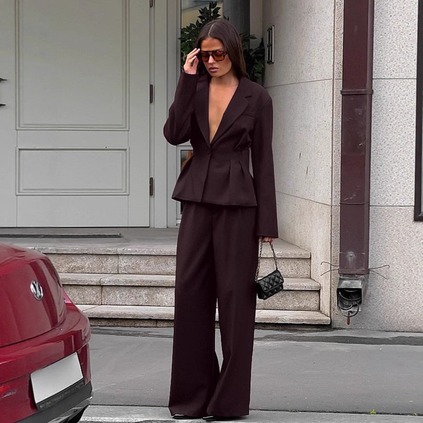 Autumn Workplace Brown Waist-cinching Suit And Trousers Set