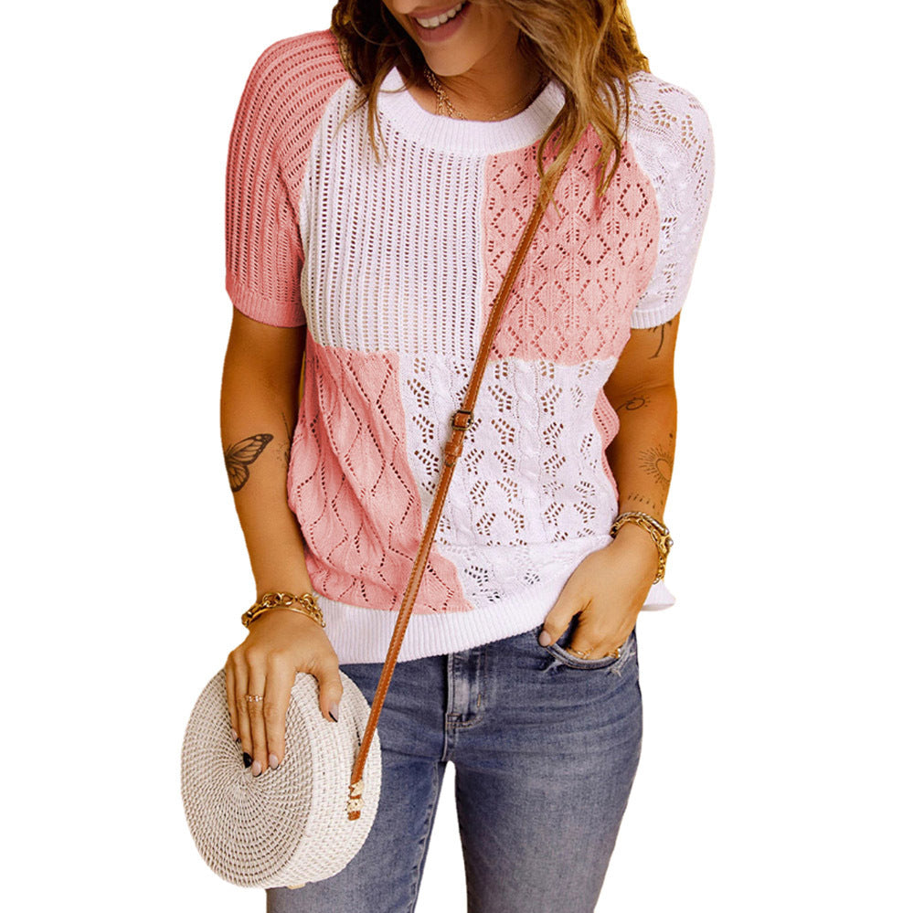 New Fashion European And American Color-blocking Knitted Short-sleeved T-shirt Top Knitted Sweater