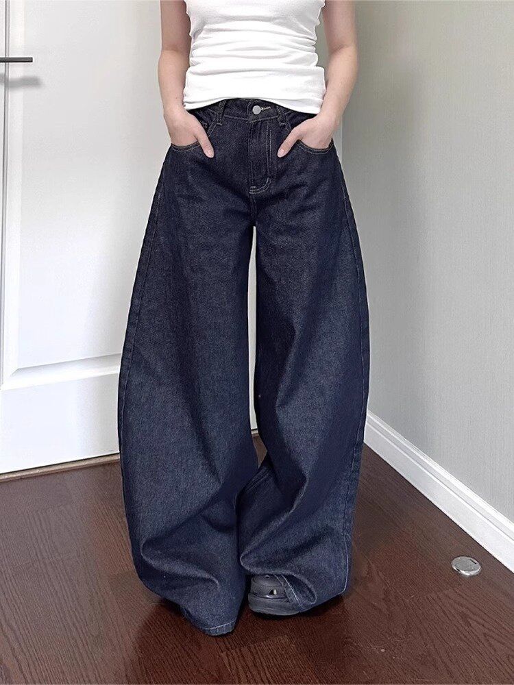 Amerikansk High Street Vibe Mørkeblå Jeans Vasket Løs Høj Talje Lige Gulvlange Bukser