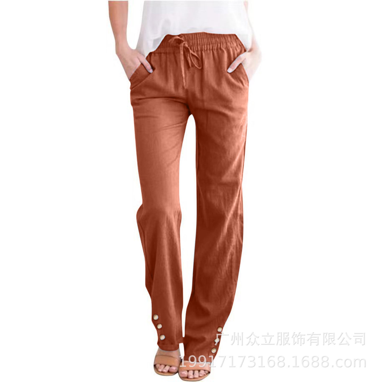 Solid Color Cotton And Linen Loose Drawstring Button Casual Wide-leg Trousers